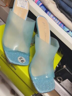 Betsey Johnson Sheer Aqua Slide Heels with Sparkle Footbed